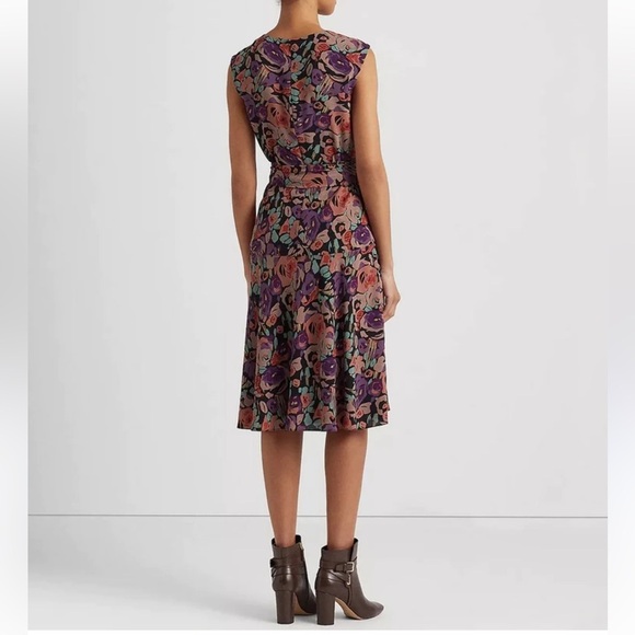 Lauren by Ralph Lauren Belted Crepe Floral Pattern Midi Dress Black Combo NWT 16 - Picture 7 of 14